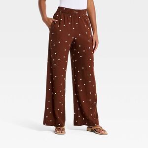 Women's High-Rise Linen Wide Leg Pull-On Pants - A New Day Brown Dot M Short